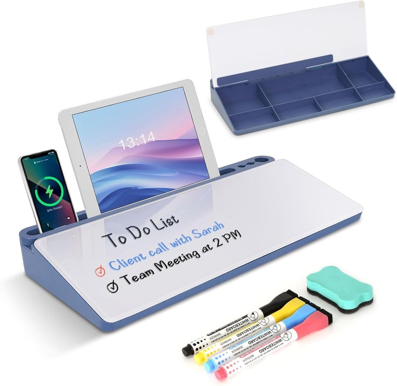 WALGLASS Glass Desktop Whiteboard with Storage, Desk White Board with Computer Keyboard Stand,White Dry Erase Board with Drawers for Home,School,Office - Blue - Image 1